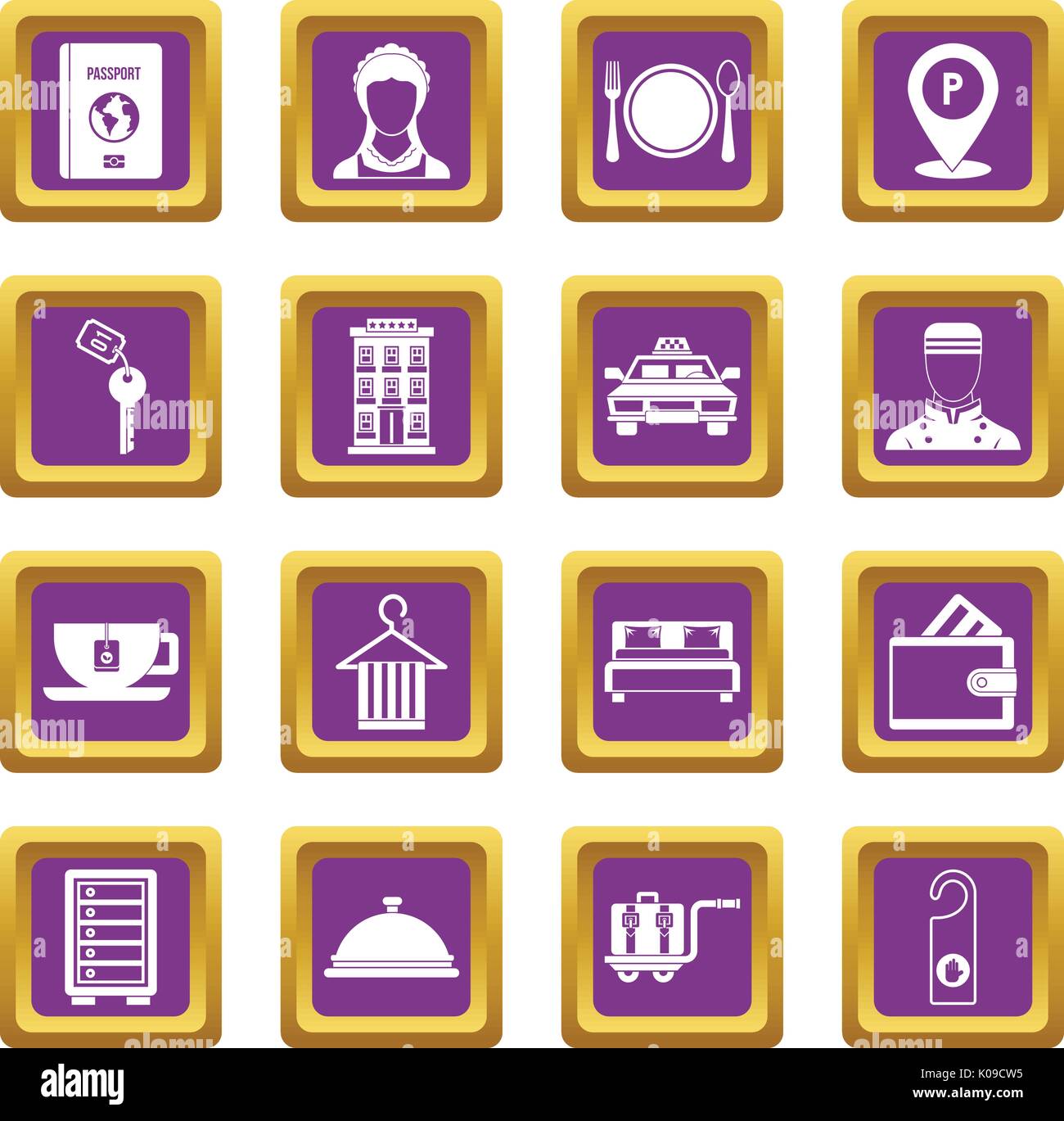 Hotel icons set purple Stock Vector