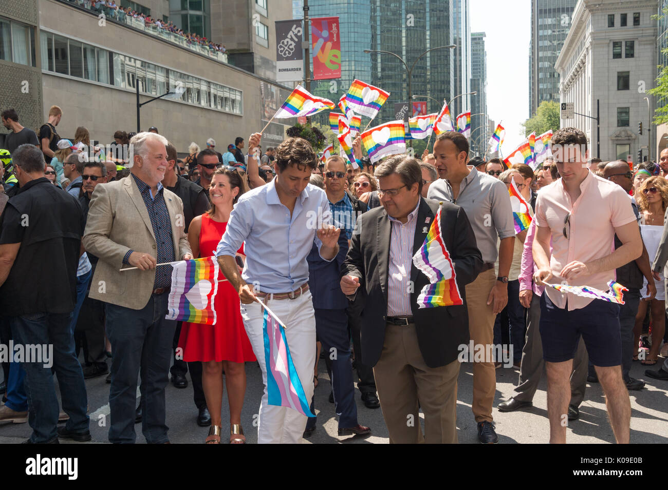 Canadian PM Justin Trudeau, Montreal Mayor Denis Coderre, Ireland PM Leo Varadkar and Quebec PM Philippe Couillard take part in Montreal Pride Parade  Stock Photo