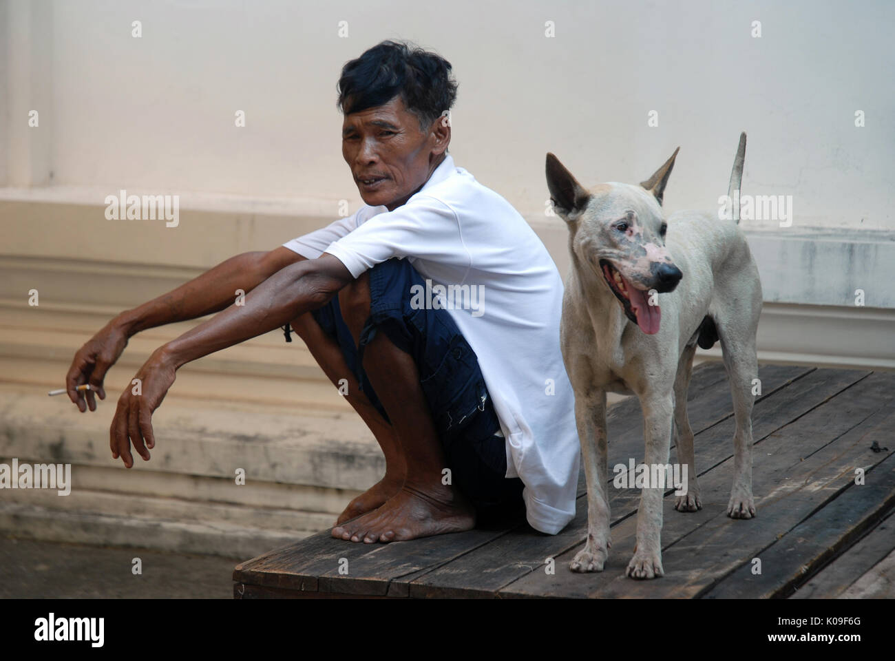 Smocking Stray Man smoking with stray dog, Wat Thip Santiwan, Udon Thani, Thailand ...