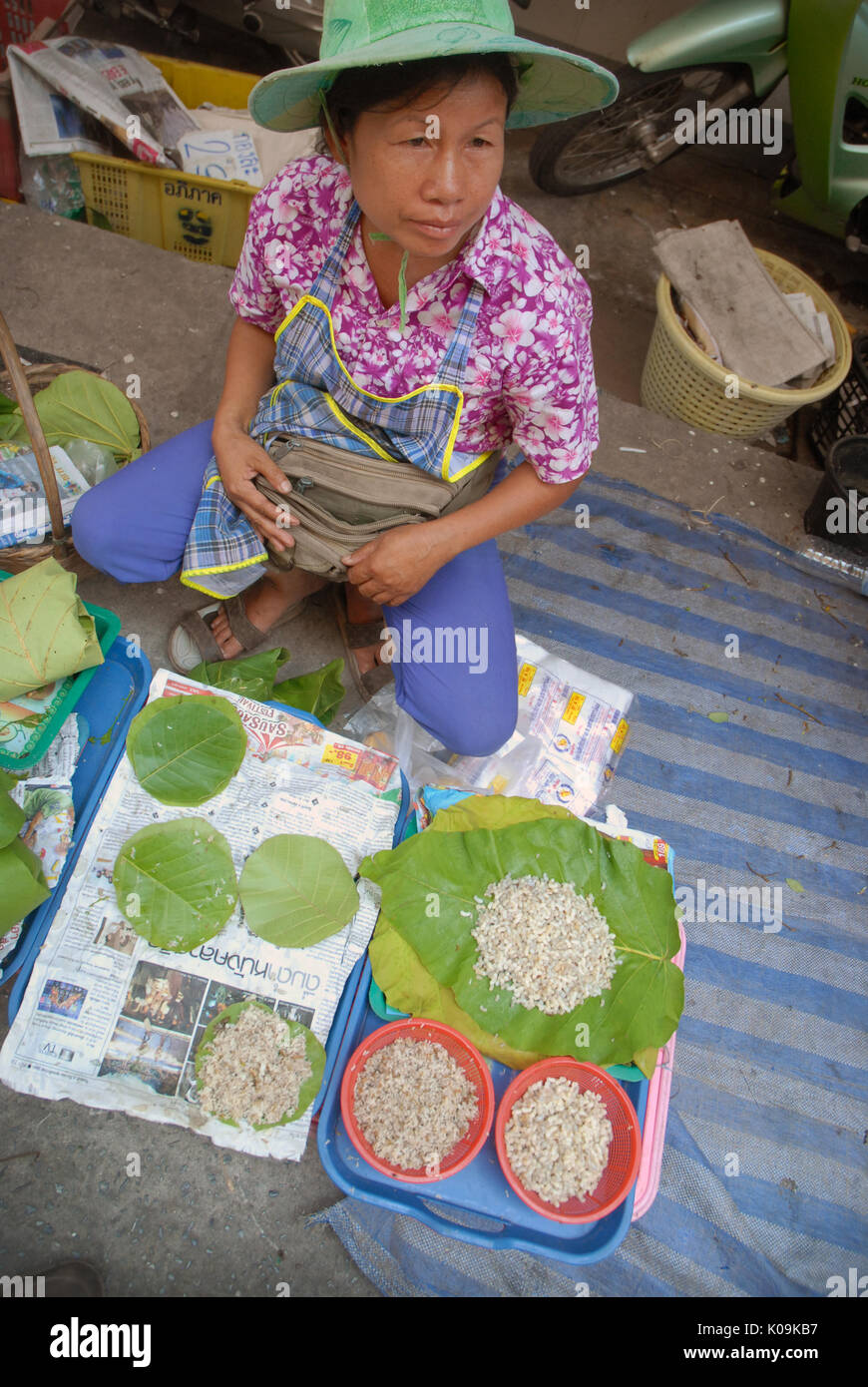 Lady selling maggots, Market at Udon Thani, Thailand. Stock Photo