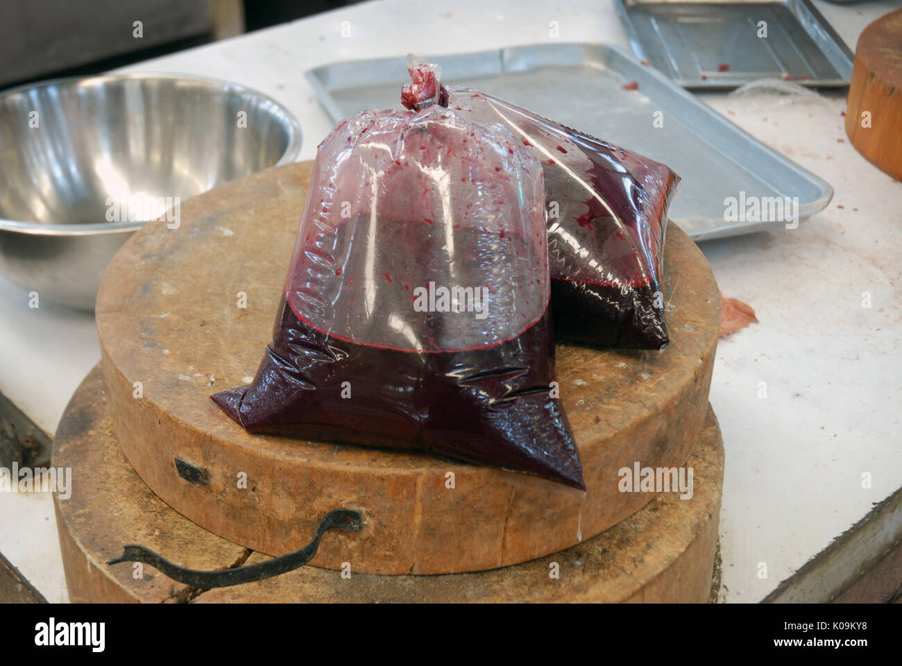 Large bags of blood, Market at Udon Thani, Thailand. Stock Photo