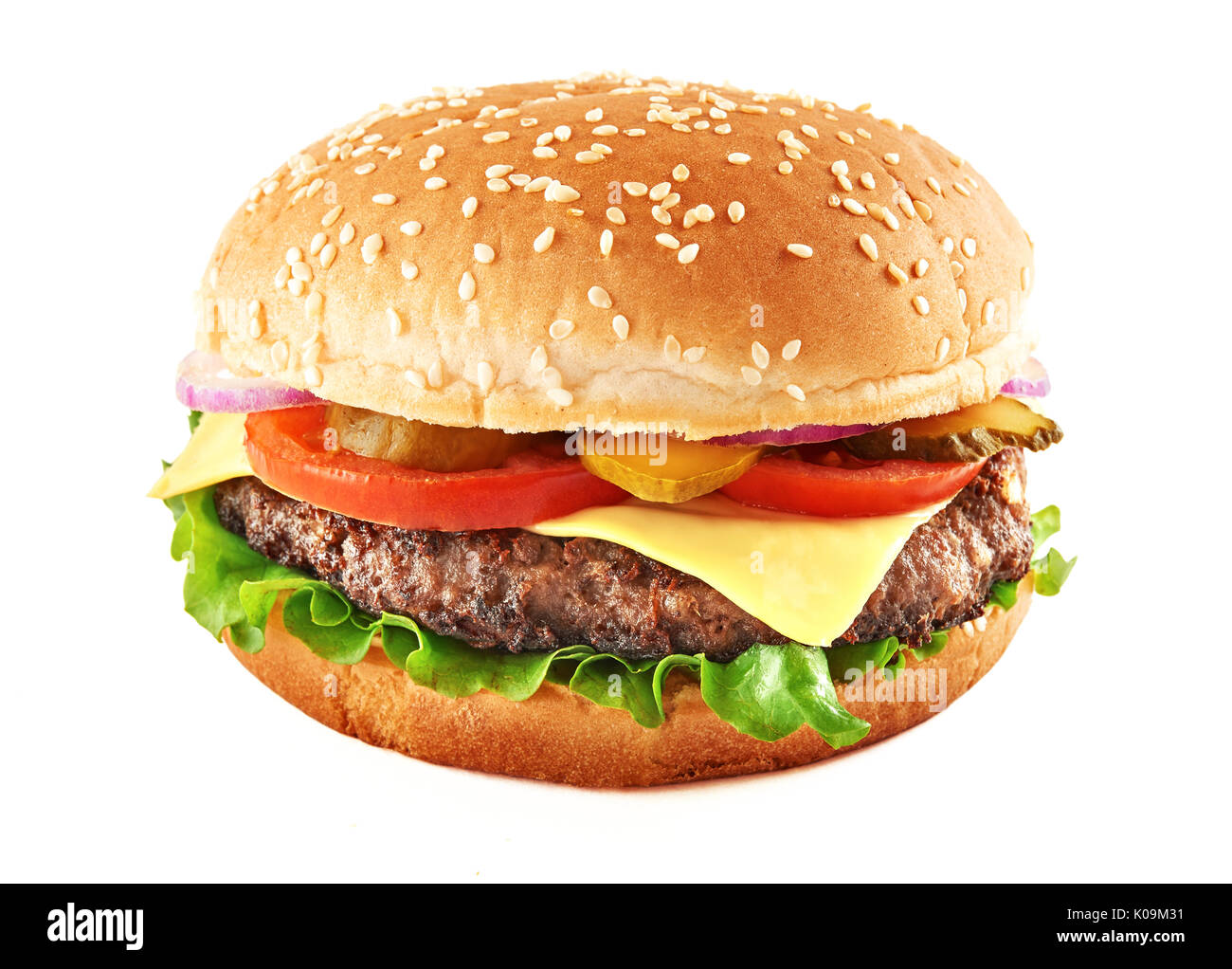 Classic cheeseburger isolated on white background. Front view. Stock Photo