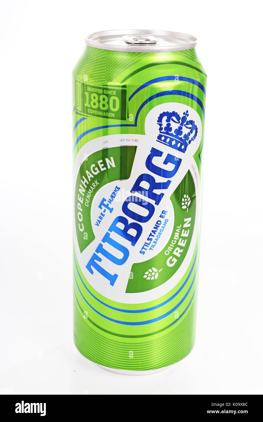 Tuborg beer can 2017 on isolated white studio background. Stock Photo