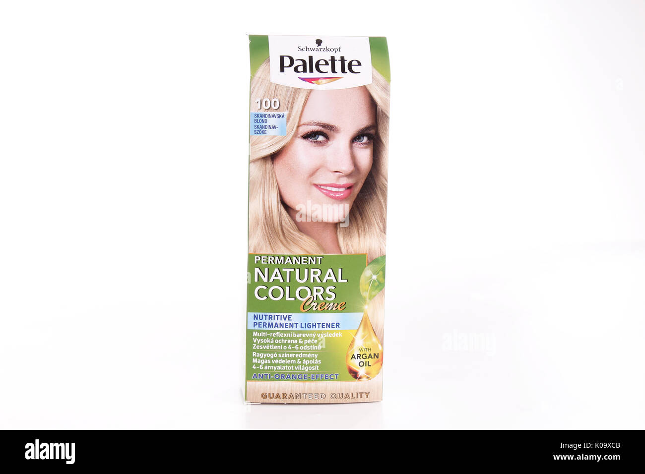 Palette permanent natural colors blond hair dye on isolated white studio background. Stock Photo