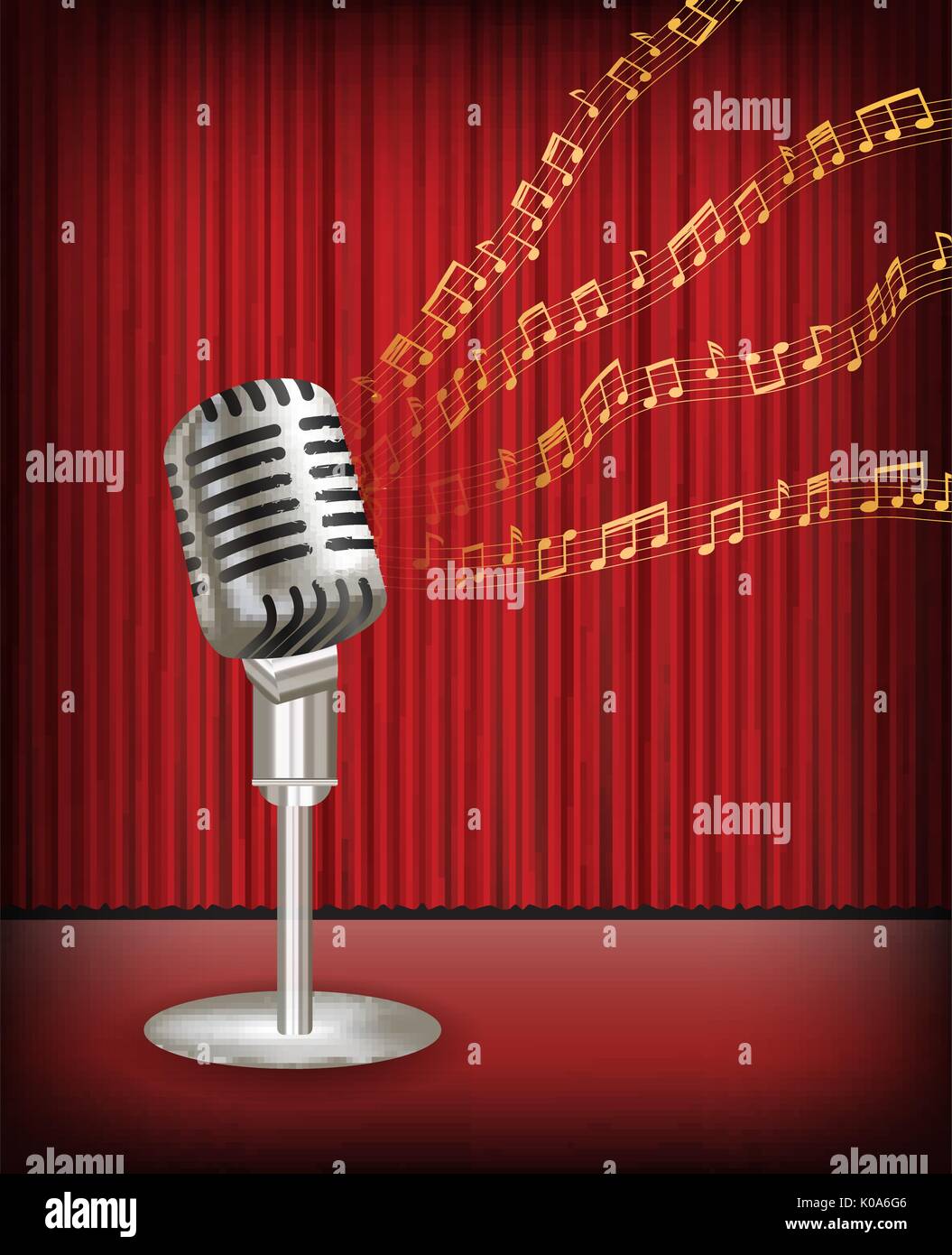 vintage microphone with floating sample random music note not match any song Stock Vector