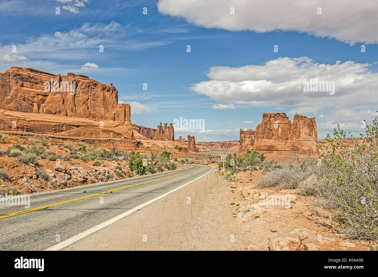Unique landscape of entrada sandstone formations along a main road in Arches National Park in Moab, Utah Stock Photo