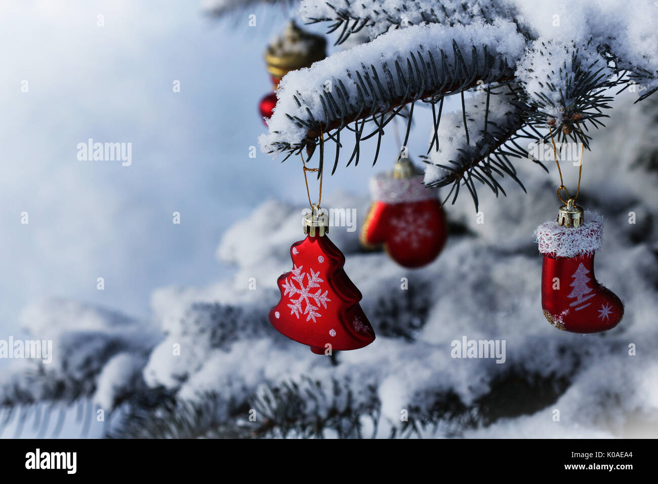 Natural fir tree covered with snow.. Christmas decoration hanging on fir tree branch Stock Photo