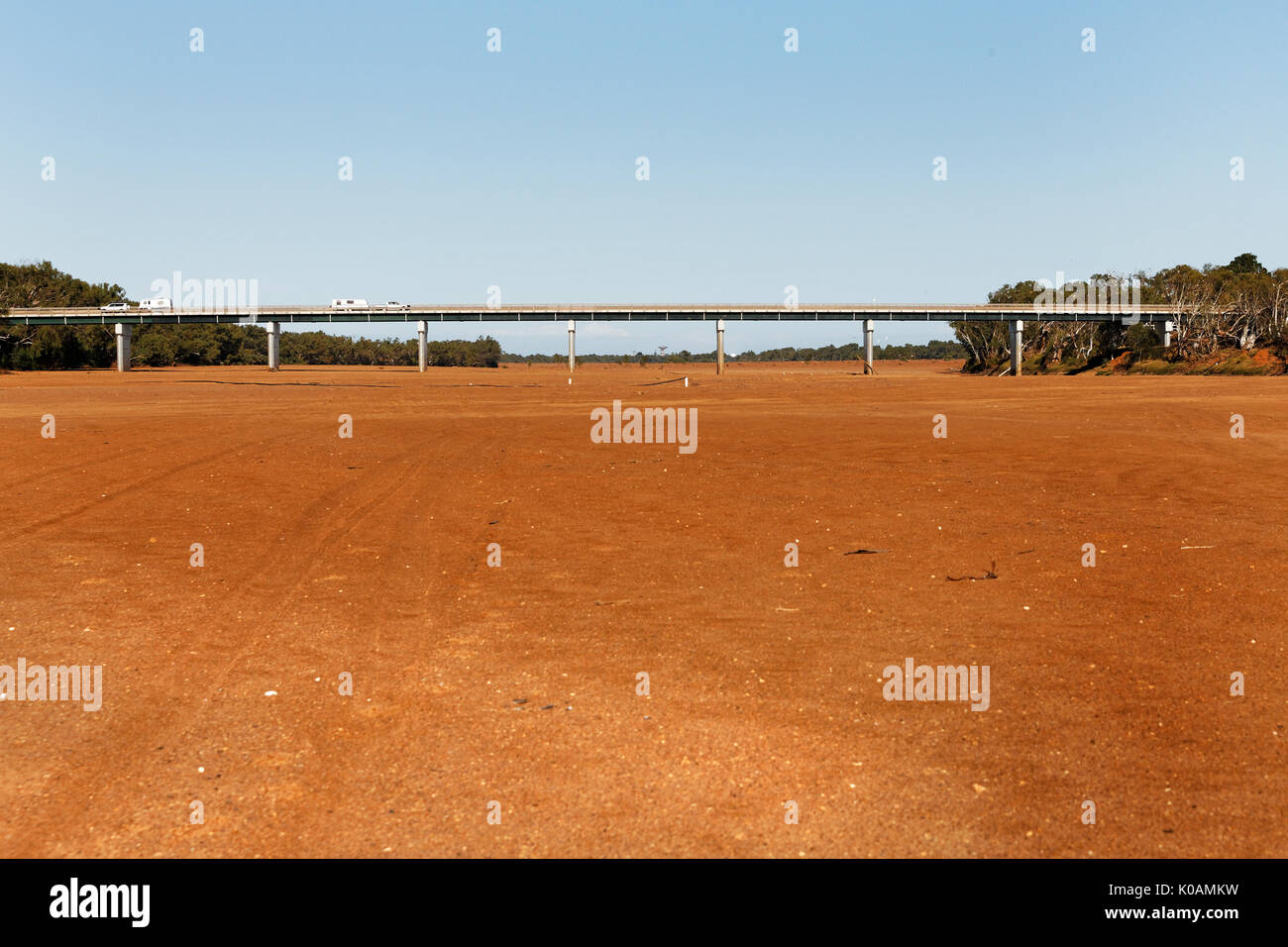 Road bridge crossing over a dry riverbed, Carnarvon, Gascoyne, Western