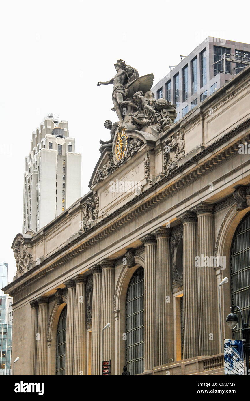 New York, USA - September 26, 2016: Close up image of the  Glory of Commerce, a sculptural group by Jules-Felix Coutan featuring Hercules, Minerva and Stock Photo