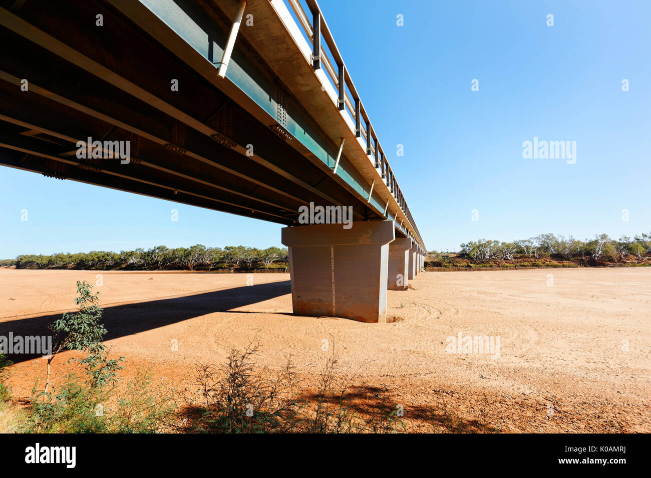 Road bridge crossing over a dry riverbed, Carnarvon, Gascoyne, Western