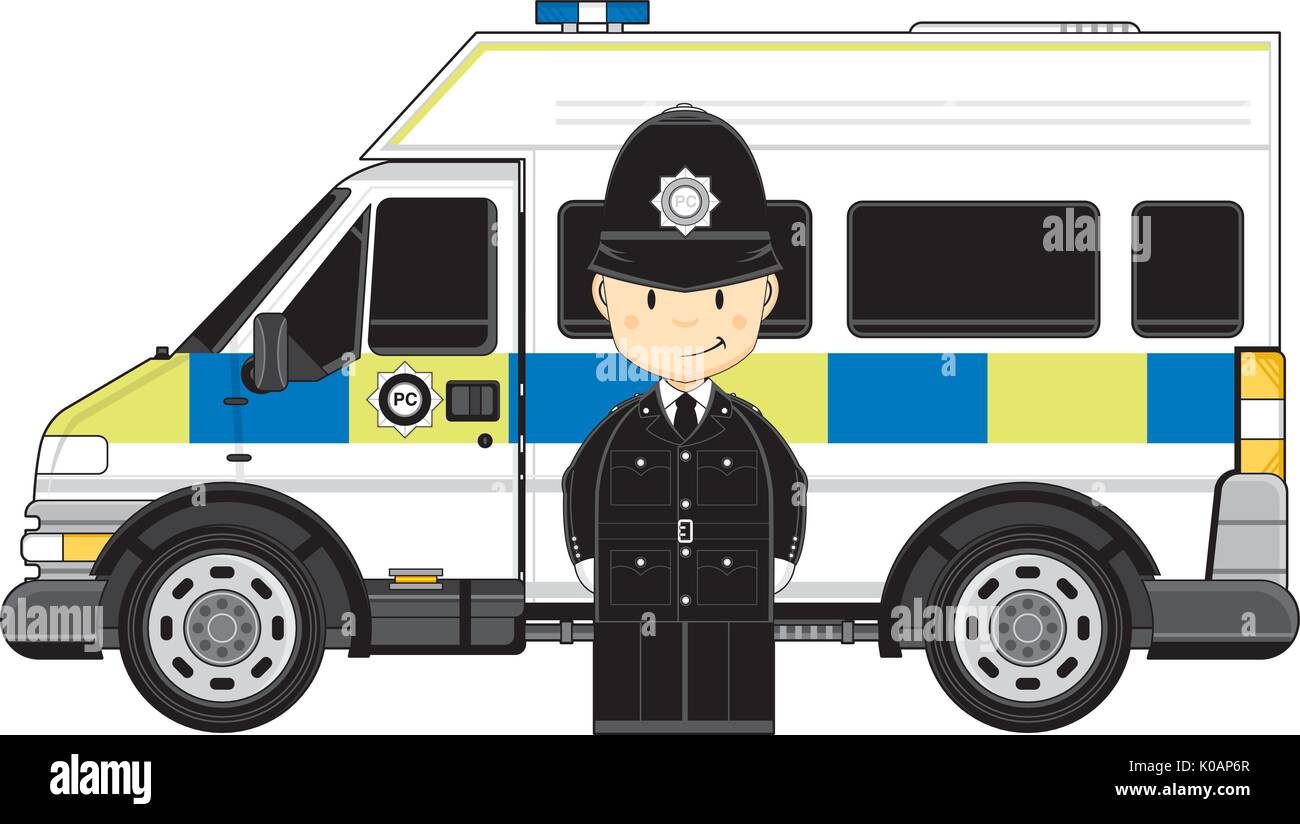 Cute Cartoon British Policeman And Police Van Vector Illustration Stock Cute Cartoon British Policeman And Police Van Vector Illustration Stock