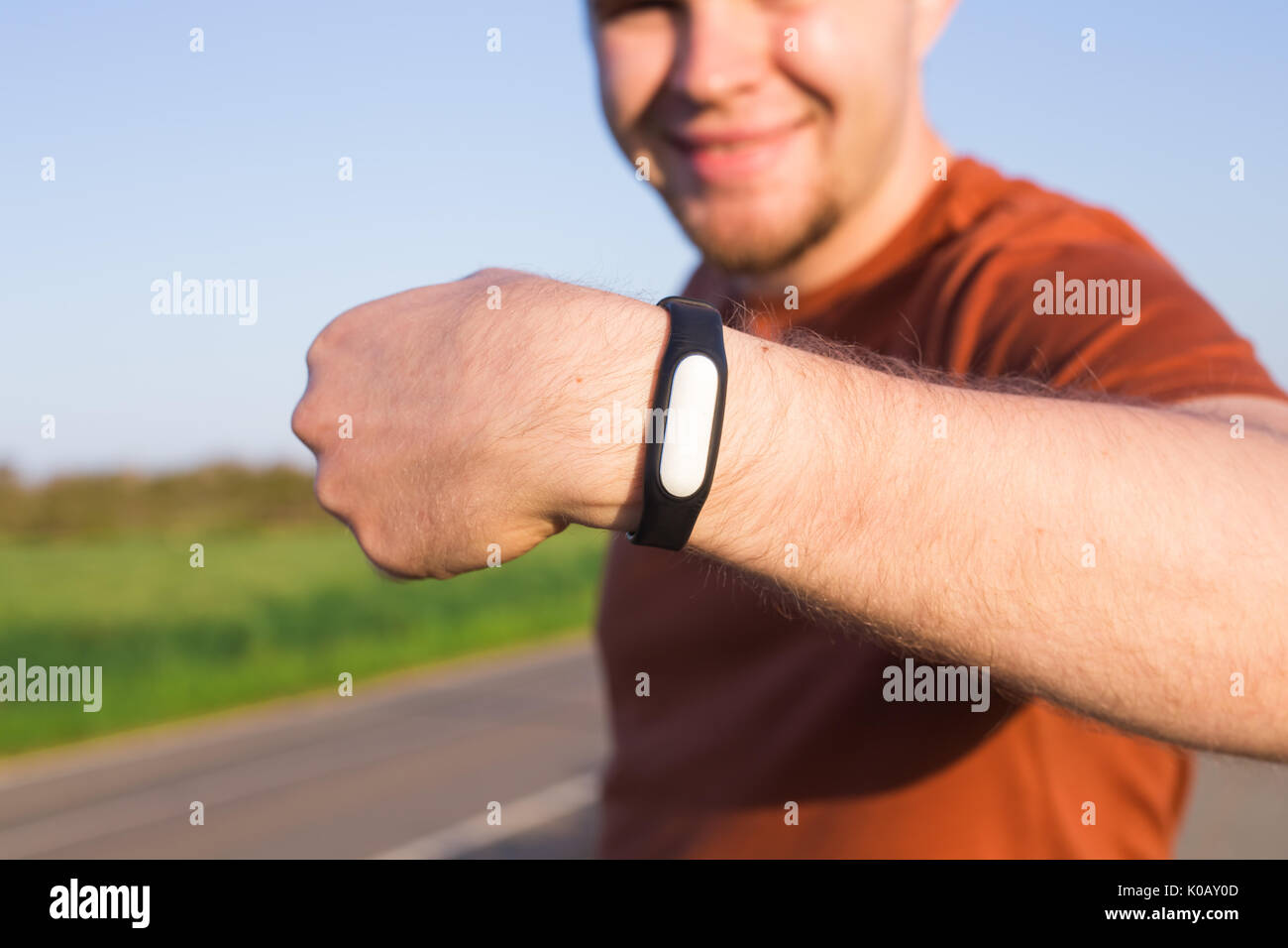 Activity tracker on a man's wrist Stock Photo Alamy