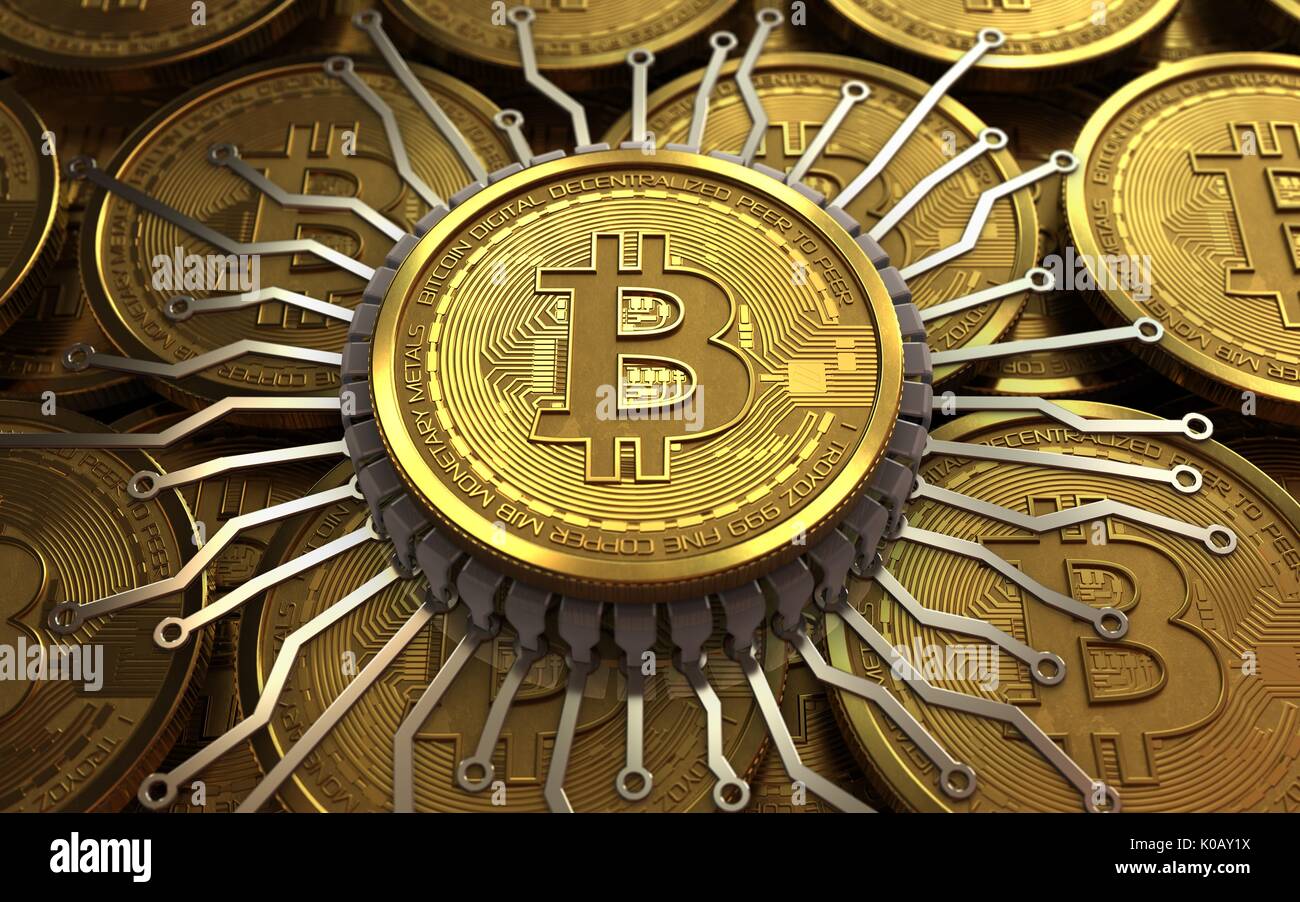 3d illustration of bitcoin over coins stacks background with integrated ...