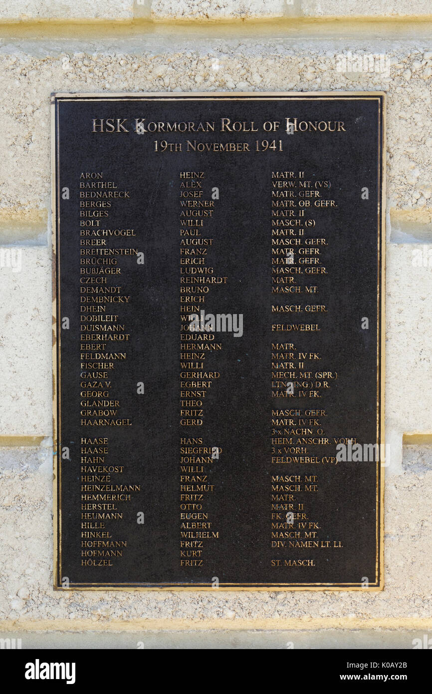 Memorial, roll of honour for the sailors of the HSK Kormoran, Carnarvon, Gascoyne, Western Australia Stock Photo