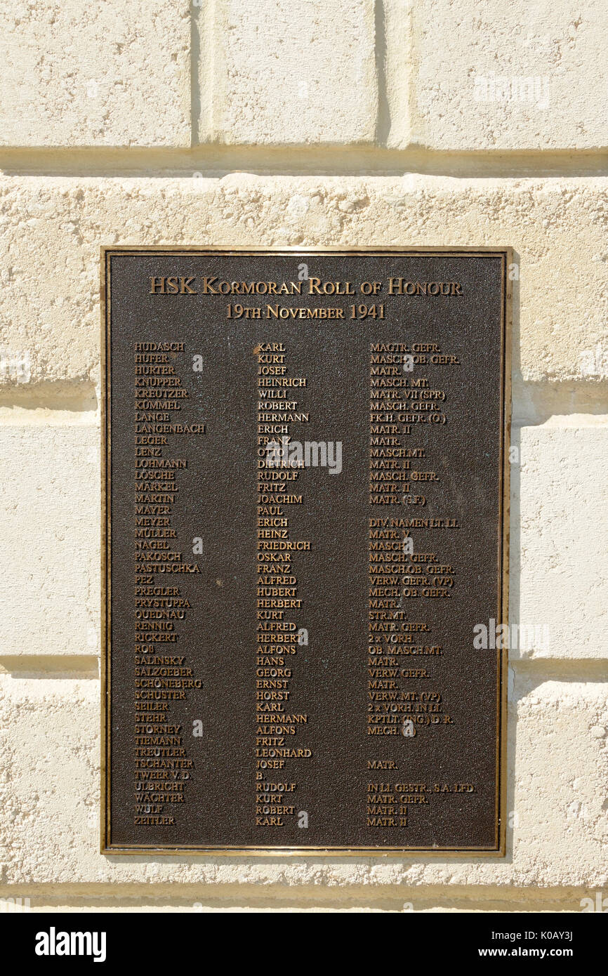 Memorial, roll of honour for the sailors of the HSK Kormoran, Carnarvon, Gascoyne, Western Australia Stock Photo