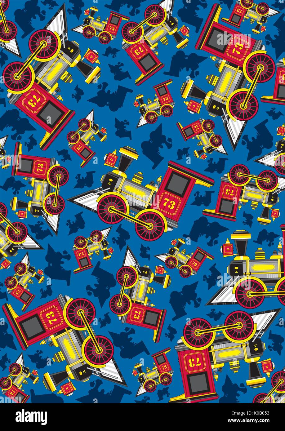Cartoon Vintage Steam Train Patterned Vector Illustration Stock Vector