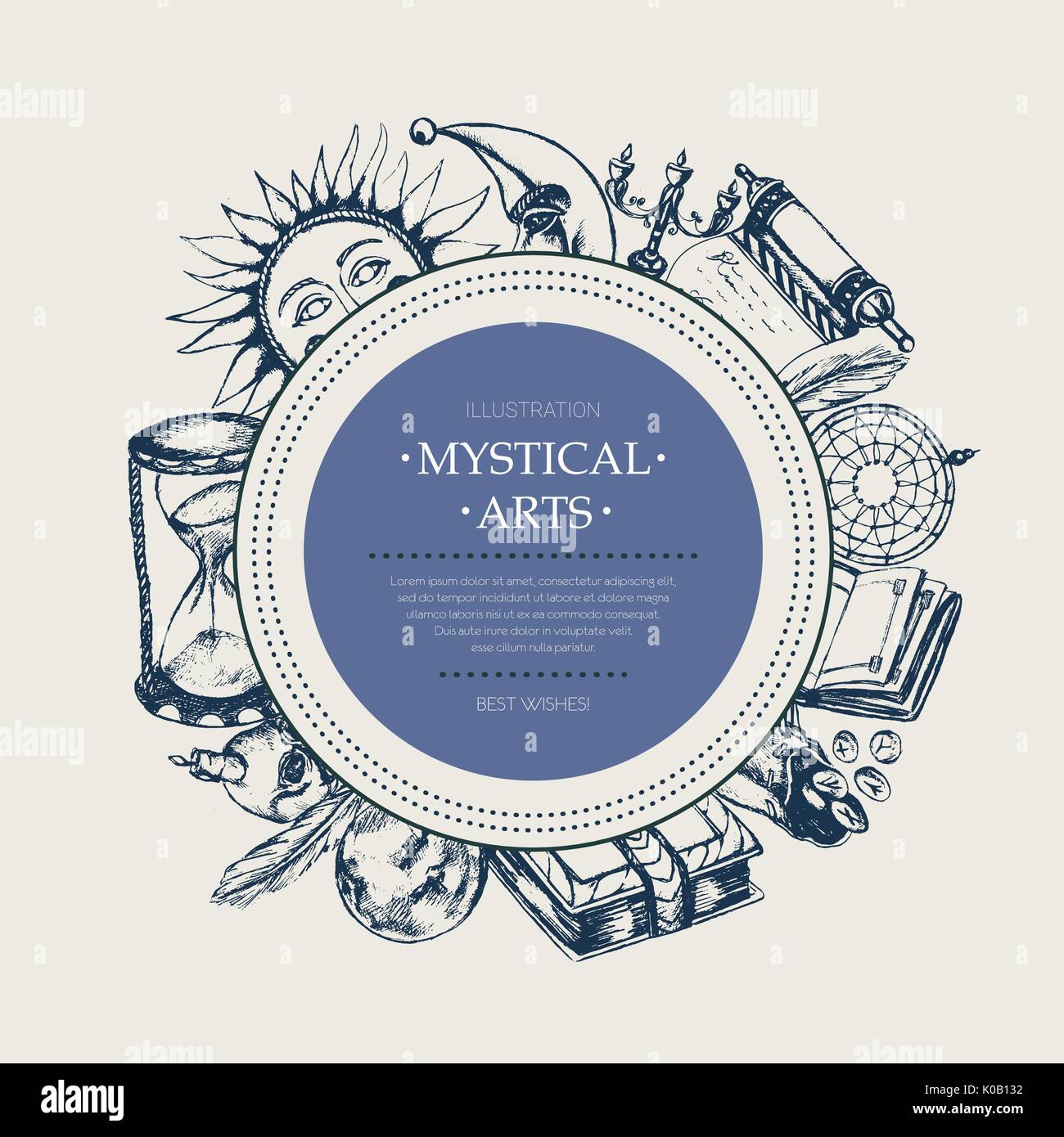 Mystical Arts - modern drawn round banner. Stock Vector