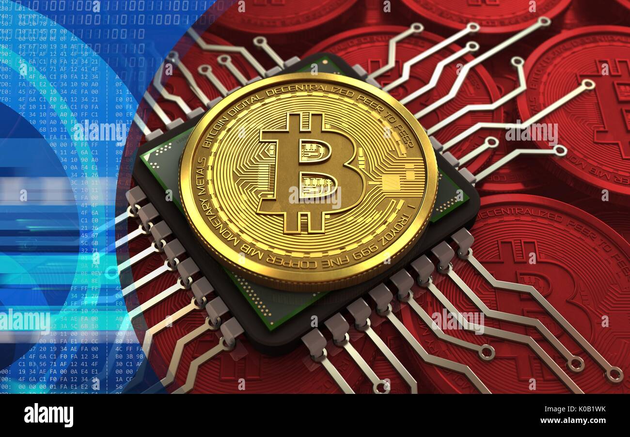 3d illustration of bitcoin over red coins background with computer chip ...