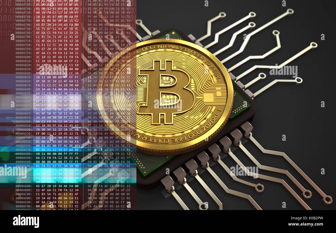 3d illustration of bitcoin over black background with computer chip ...