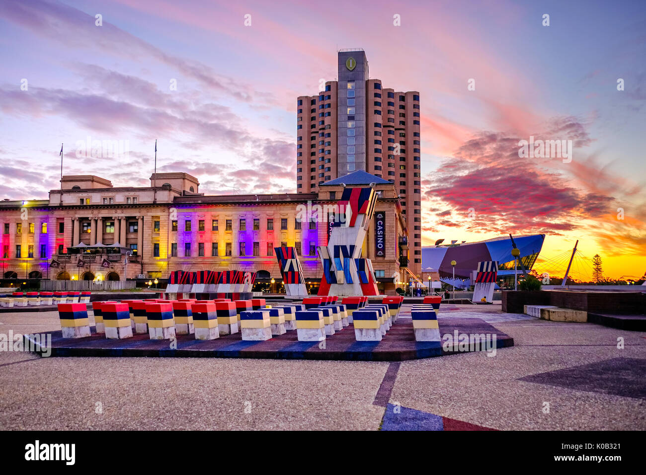 Adelaide, Australia - September 16, 2016: Adelaide Casino with Intercontinental hotel scene viewed towards west from King William street at sunset Stock Photo