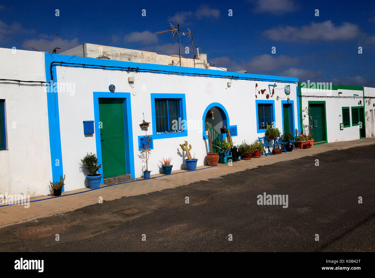 Traditional architecture pretty house painted blue and white, Las Salinas del Carmen, Fuerteventura, Canary Islands, Spain Stock Photo