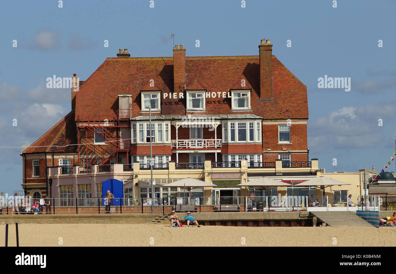 The Pier Hotel and Gorleston beach, Norfolk, England, on a Sunday in