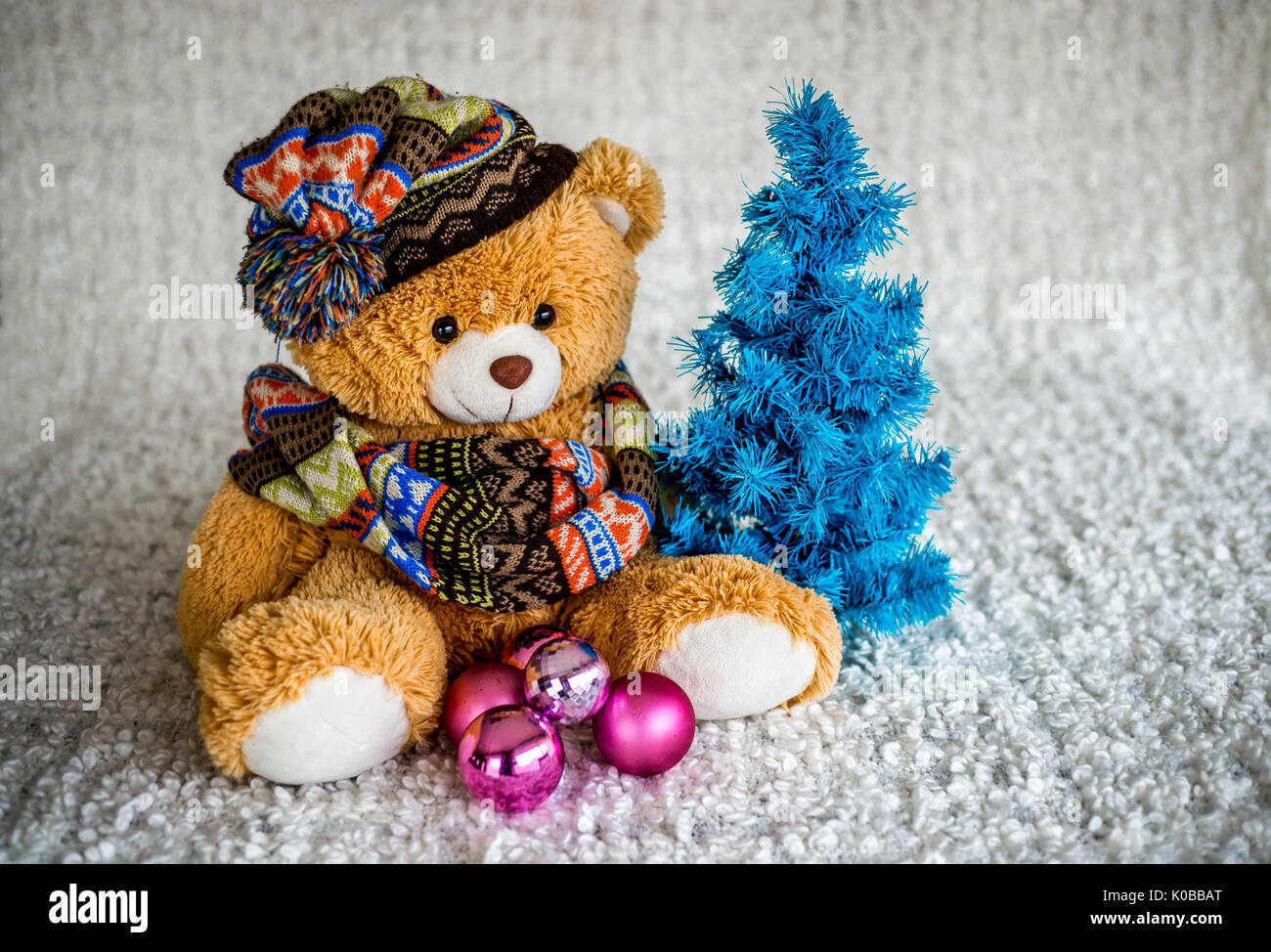 Christmas decoration. Teddy bear on a white background. Empty copy cpace Stock Photo