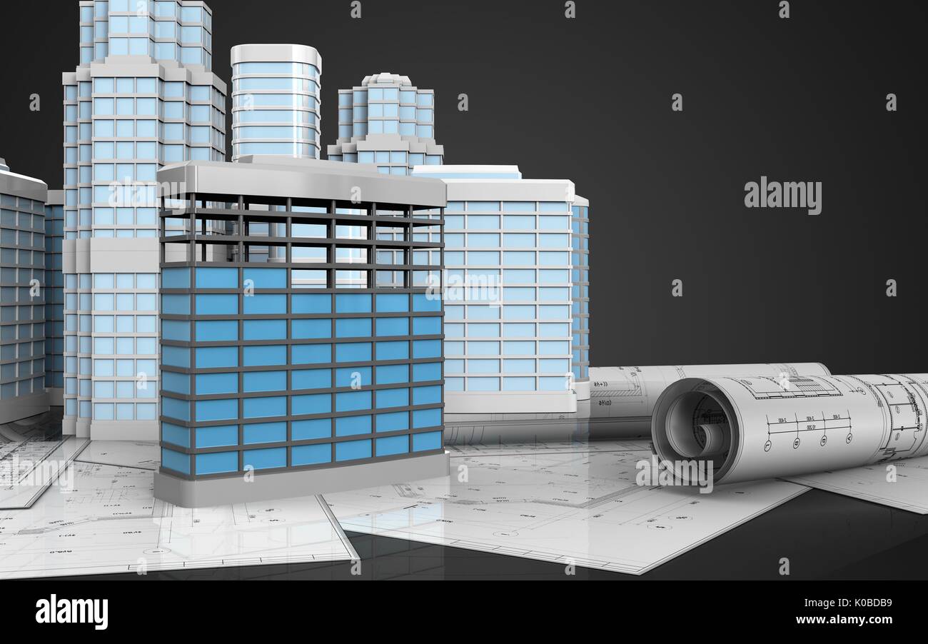 3d illustration of building construction with urban scene over black ...