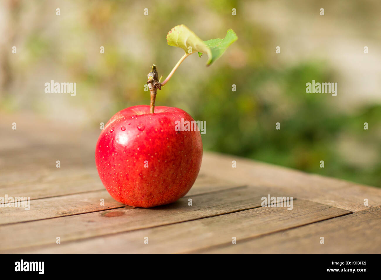 Fresh red apple on wooden table Stock Photo