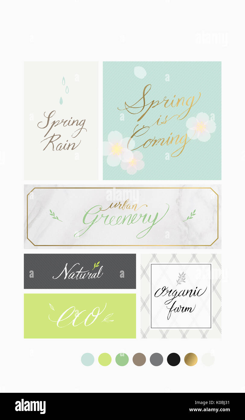 Various English letterings related to spring and organic farming Stock Photo
