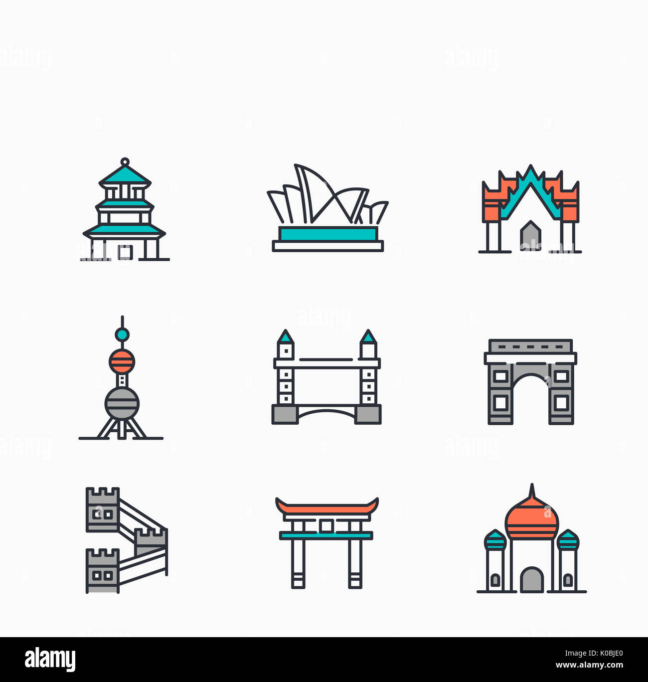 Set of line icons related to global landmarks Stock Photo