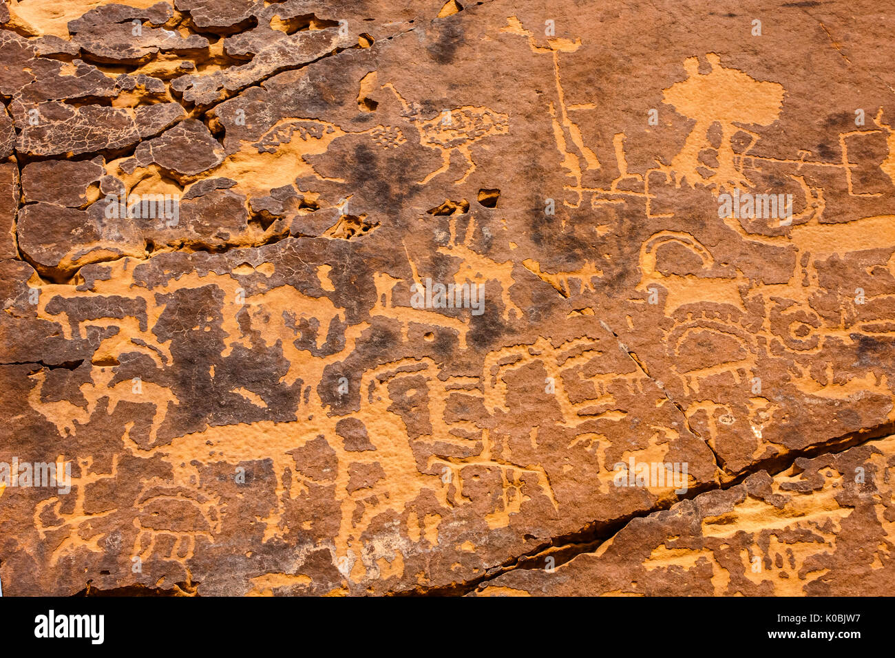 Graffiti Rock (Musayqirah Petroglyphs, Qaryat al Asba), Riyadh Province, Saudi Arabia Stock Photo