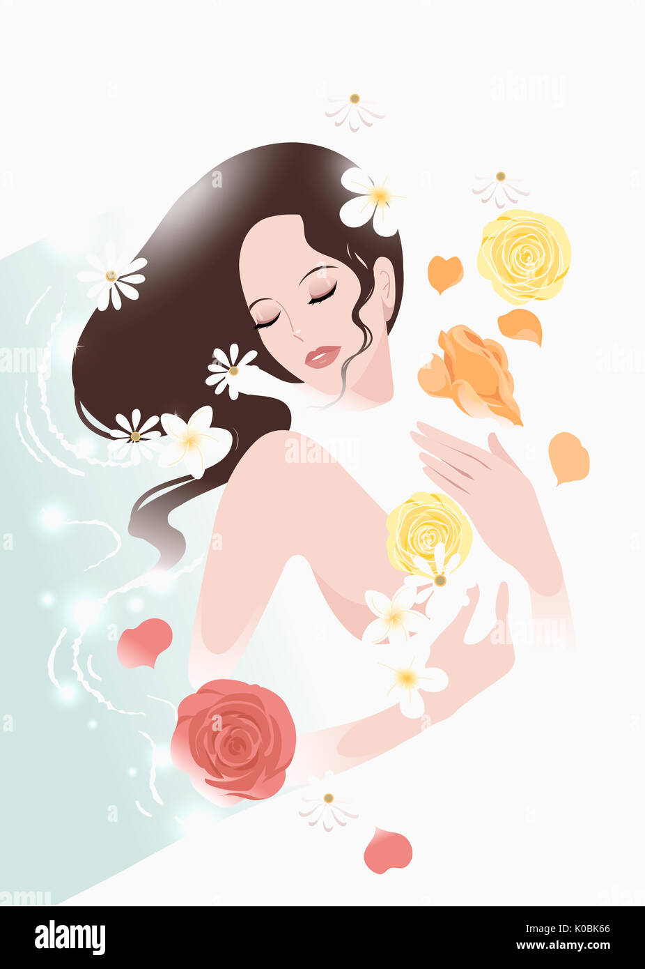 Illustration of beautiful woman closing her eyes with flowers Stock ...