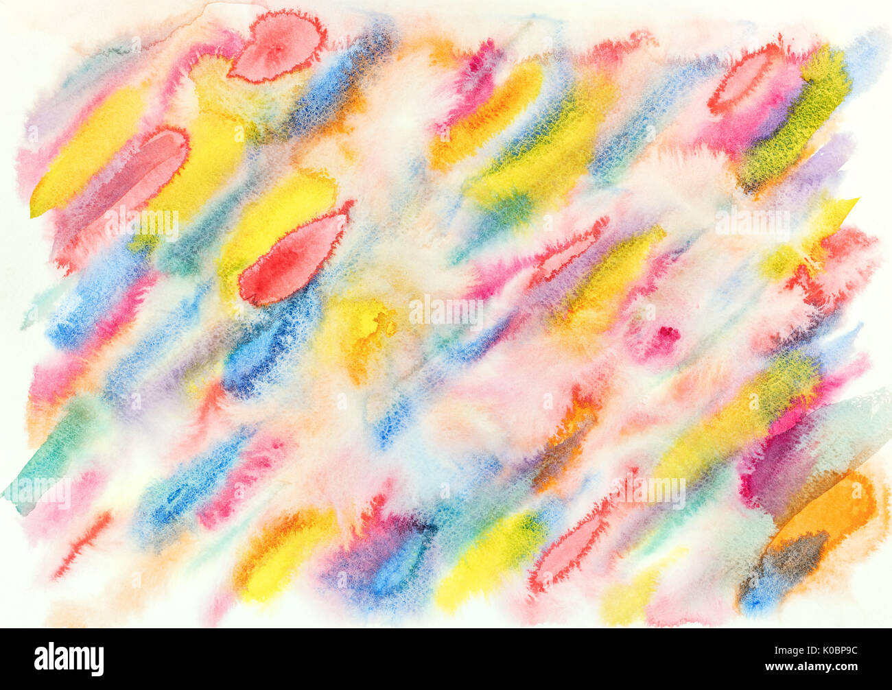 abstract watercolor pattern with bright colorful diagonal yellow, red, blue textured strokes Stock Photo