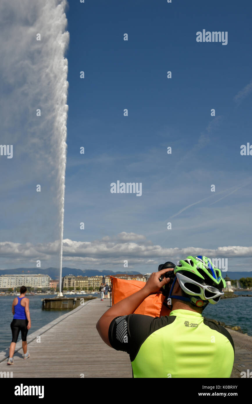 the water jet is the huge Fountain on the Geneva Lake, in the city of ...