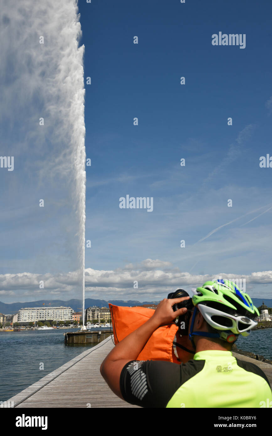 the water jet is the huge Fountain on the Geneva Lake, in the city of ...