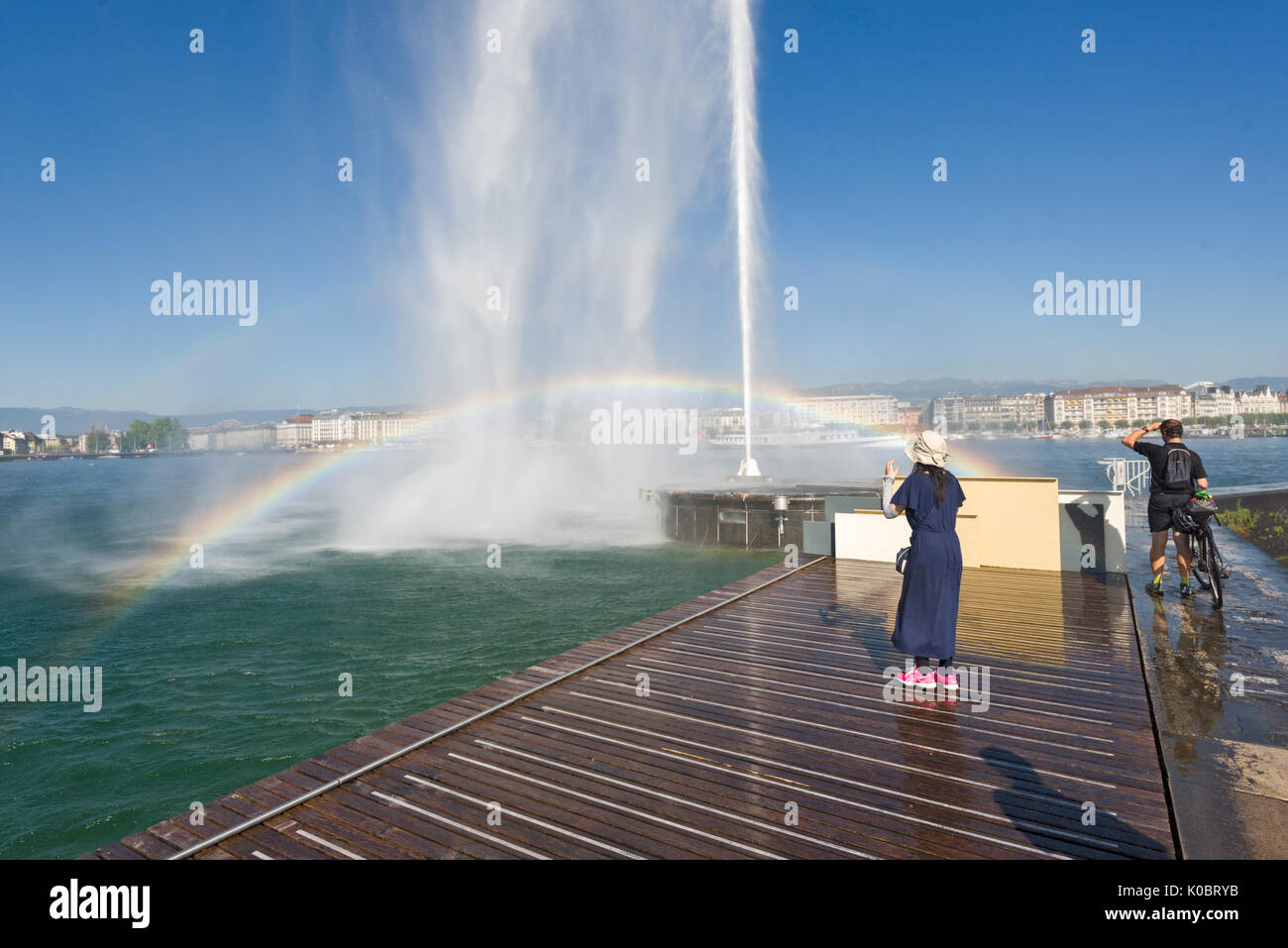 the water jet is the huge Fountain on the Geneva Lake, in the city of ...