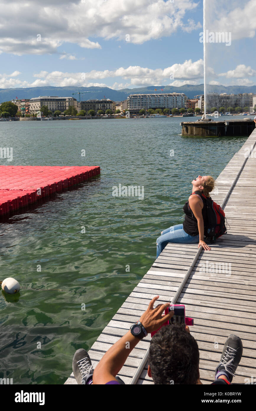 the water jet is the huge Fountain on the Geneva Lake, in the city of ...