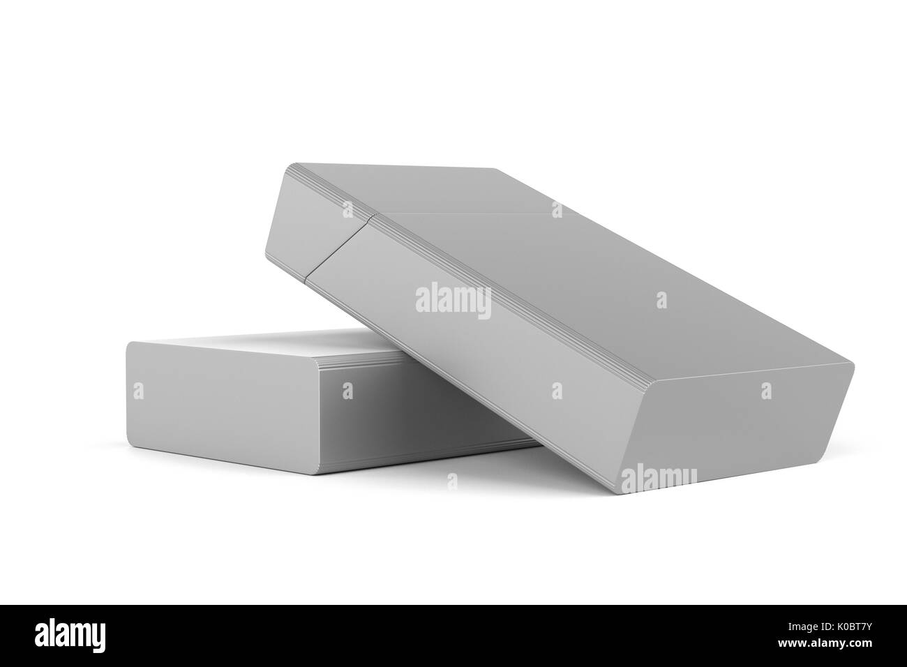 3D render composition of two king size rounded cigarette boxes or packs on a white background with shadow. Clipping path. Template for your design. Stock Photo
