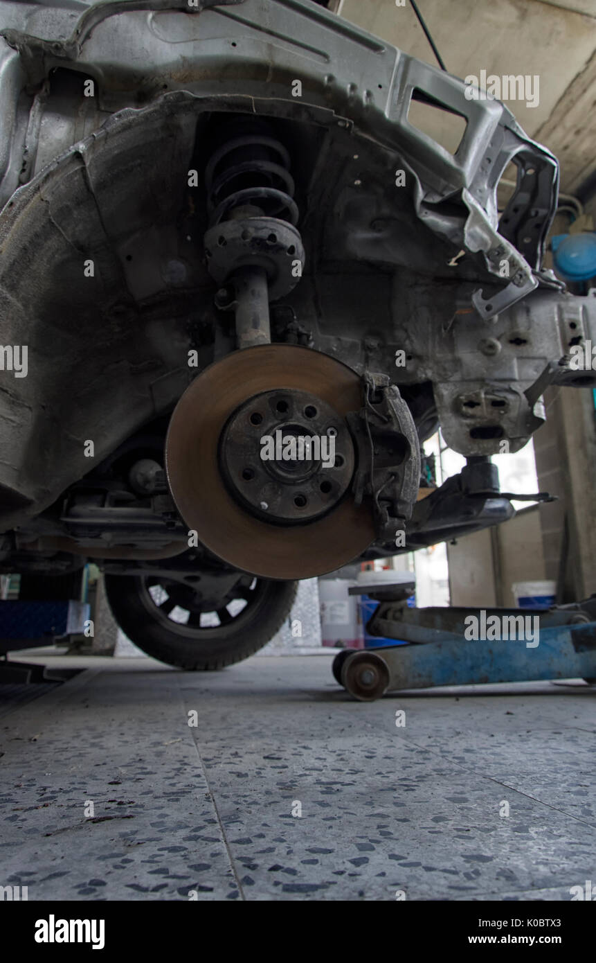 View of the brakes and shock absorbers of a car Stock Photo
