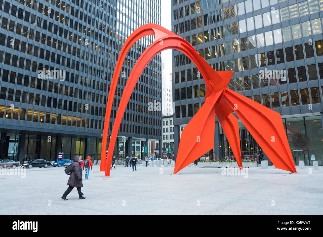 Flamingo sculpture by Alexander  Calder, downtown Chicago Stock Photo