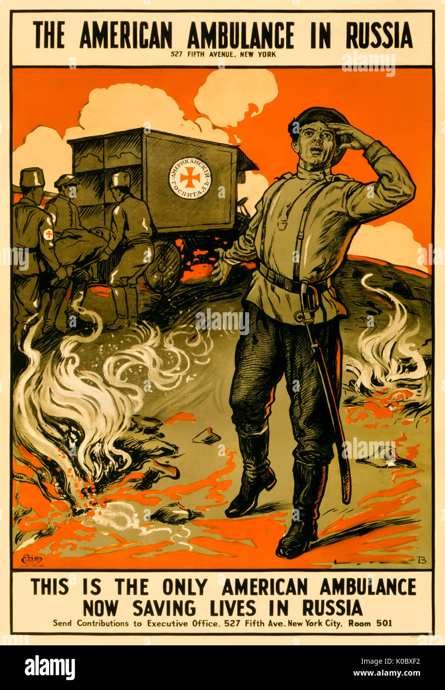 “The American Ambulance in Russia - This is the Only American Ambulance Now Saving Lives in Russia” 1917 poster showing a Russian soldier on a fiery battlefield looking for assistance on the as a wounded comrade is stretched away. Stock Photo
