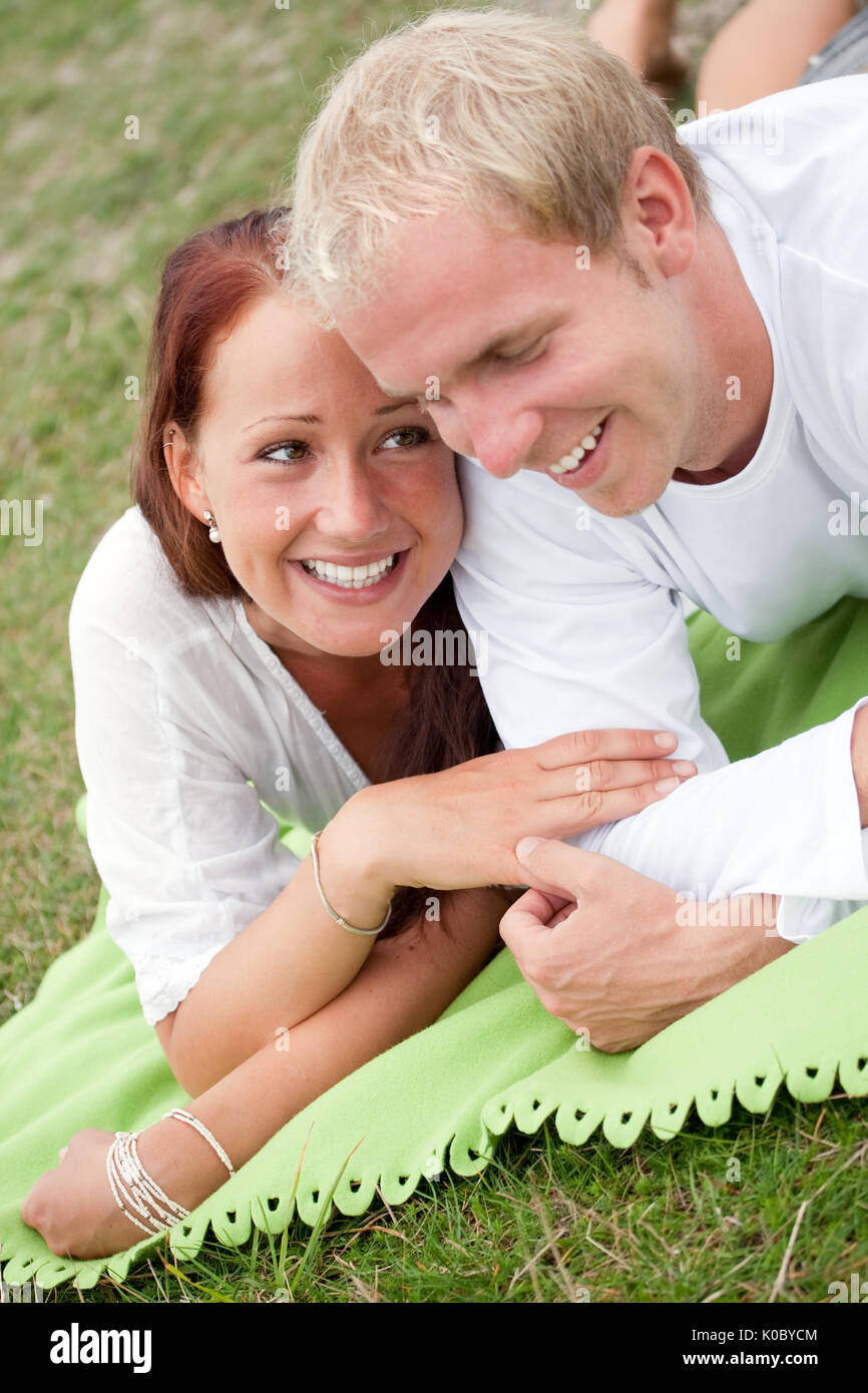 young sweet couple on romantic picnic Stock Photo