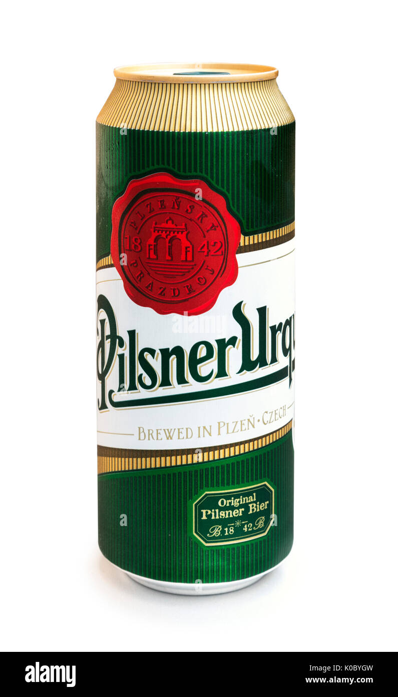Can of Pilsner Urquell Czech beer Stock Photo