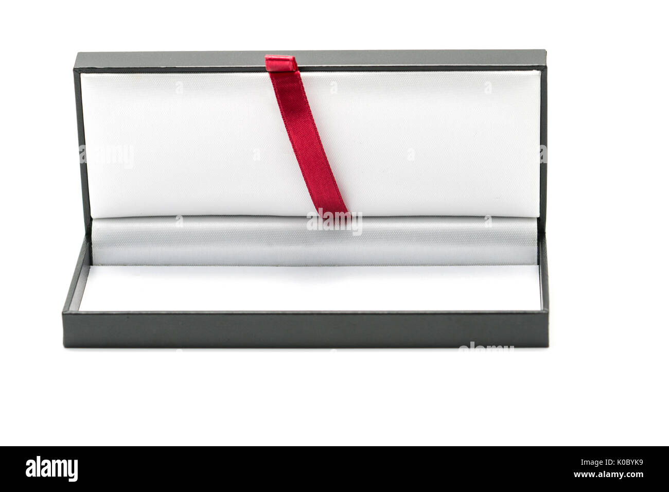 Luxury pen box with red cloth ribbon in the middle of box isolated on ...