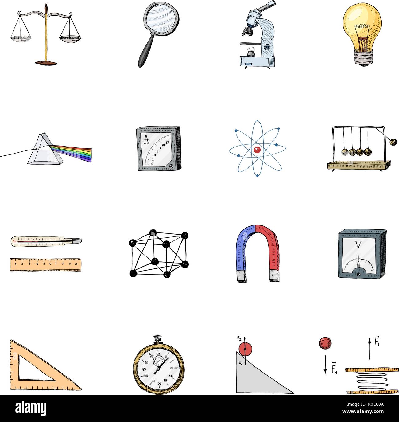 compass and alpelmet with thermometer and microscope. engraved hand drawn in old sketch