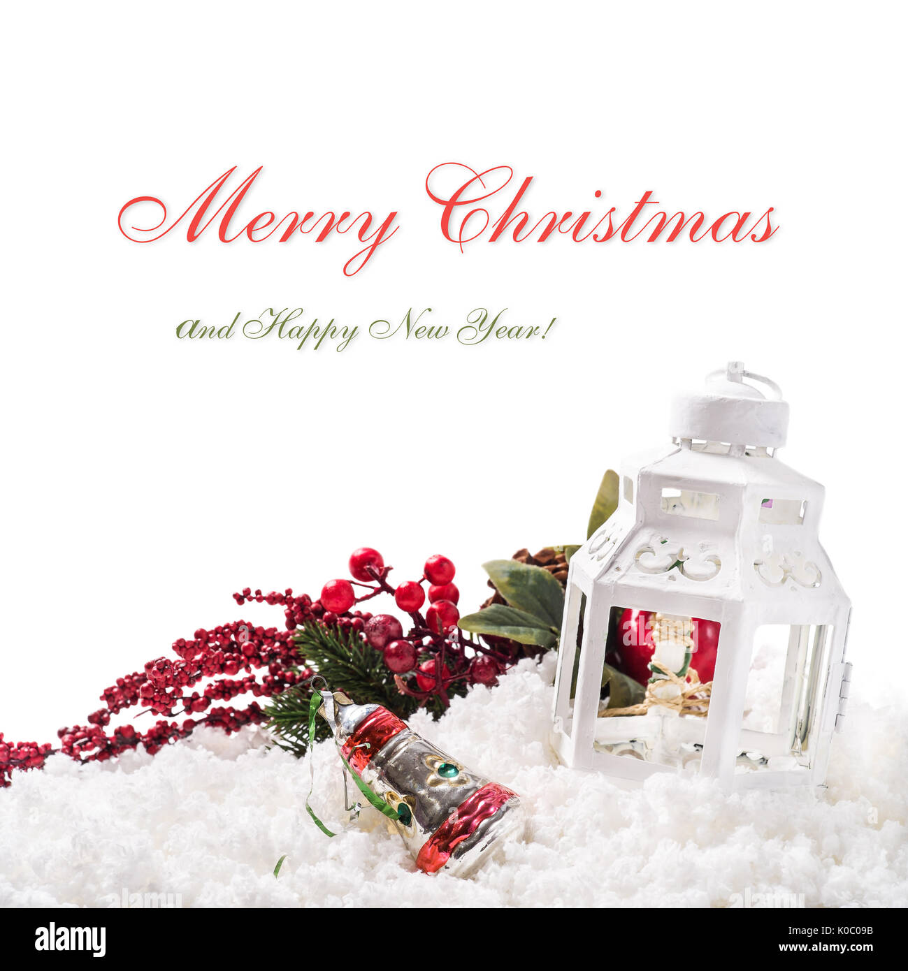 Christmas card with vintage toys, candle holders and place for text Stock Photo