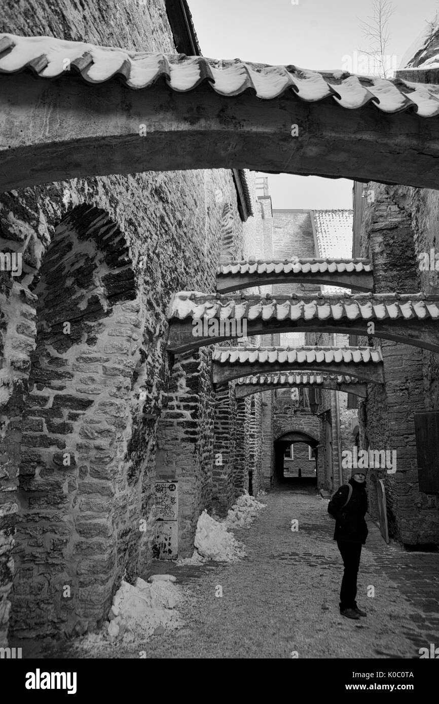 Underneath the Arches: Katariina Käik (St. Catherine's Passage), Tallinn, Estonia, an old lane between Vene and Müürivahe: black/white MODEL RELEASED Stock Photo