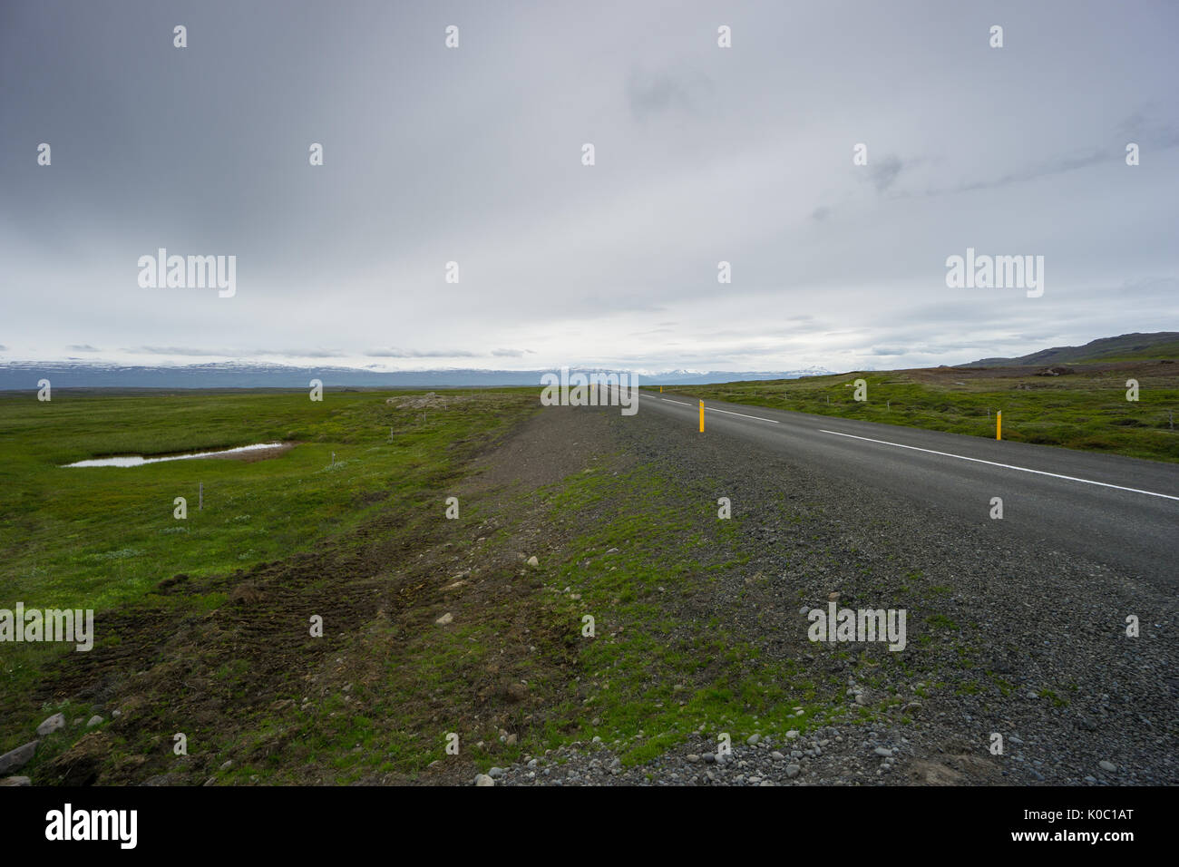 Iceland - Highway through green landscape before white mountains Stock Photo