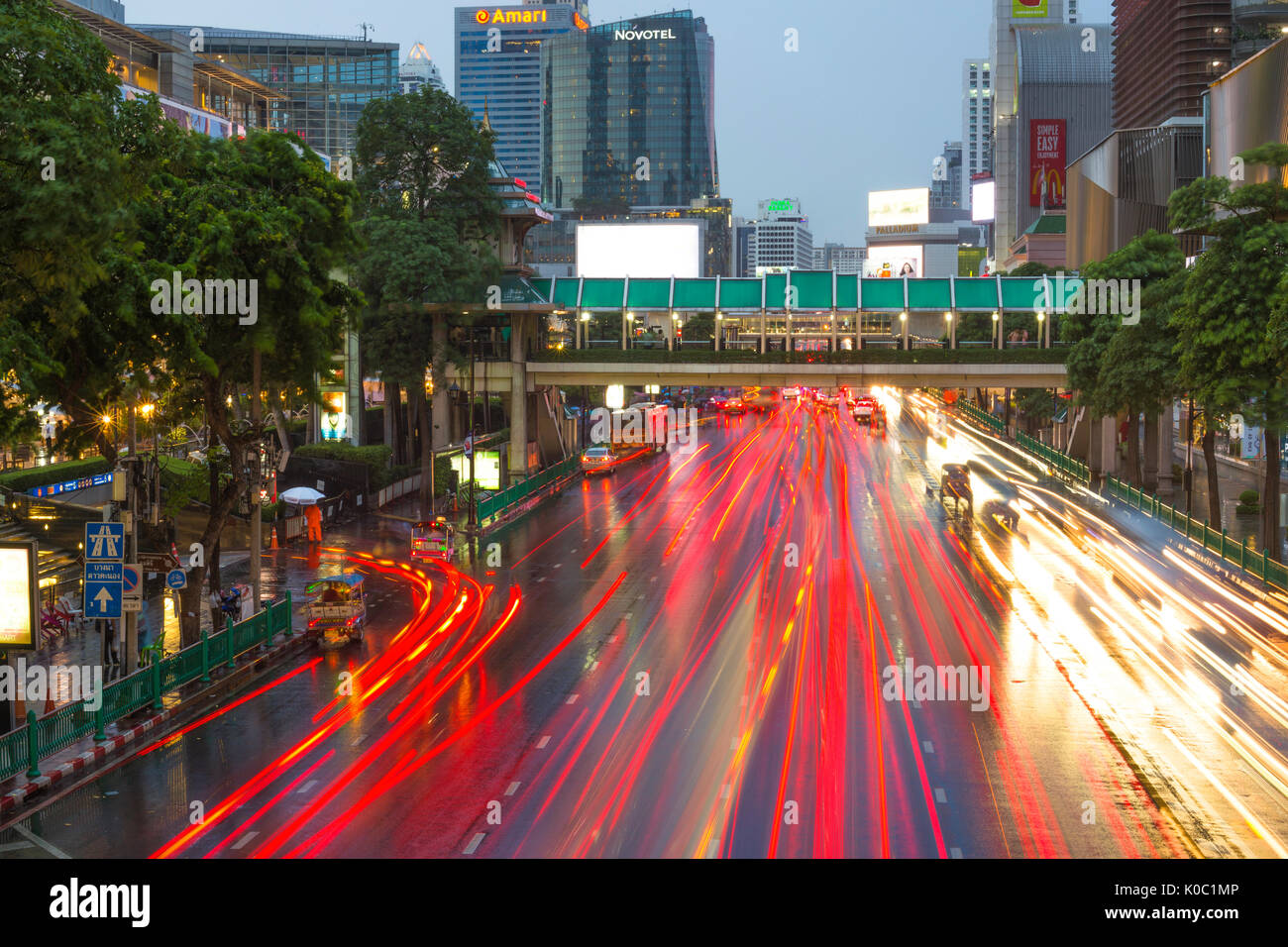 Twilight from Siam BTS station, Bangkok: Streaks of light Stock Photo